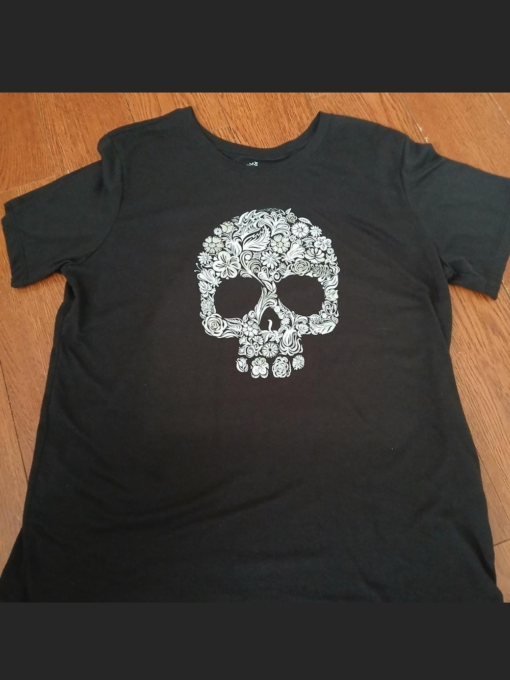 Black Short Sleeve Tee with White Floral Skull Graphic